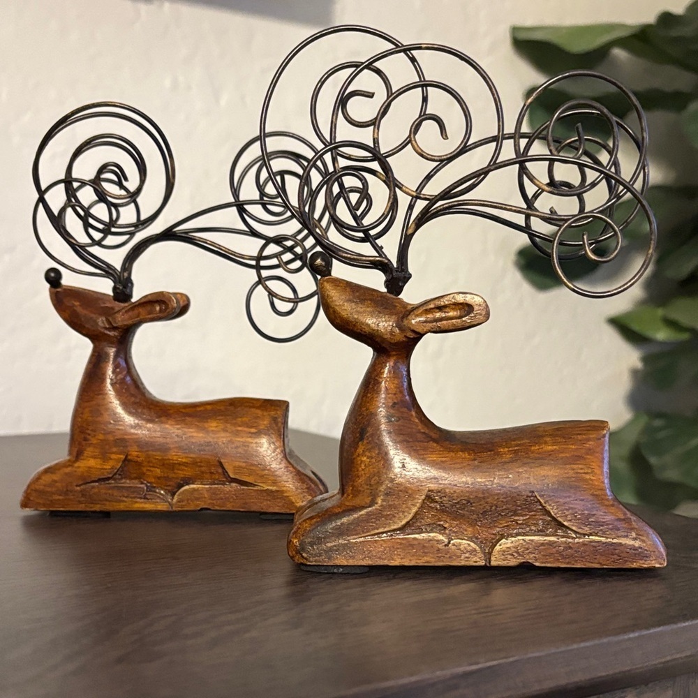 Pier 1 Wooden Reindeer Figurines with Metal Swirl Antlers Set of 2